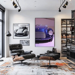 Ferrari in Midnight Blue, vintage car wall art showcasing elegant design under soft gallery lighting.