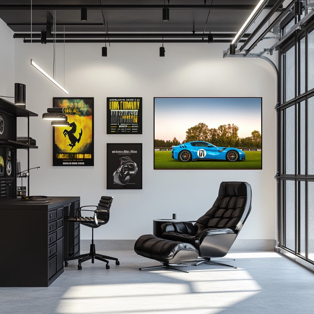 Ferrari F12tdf Sunset Glow displayed as car wall art in a modern office space with stylish furniture.