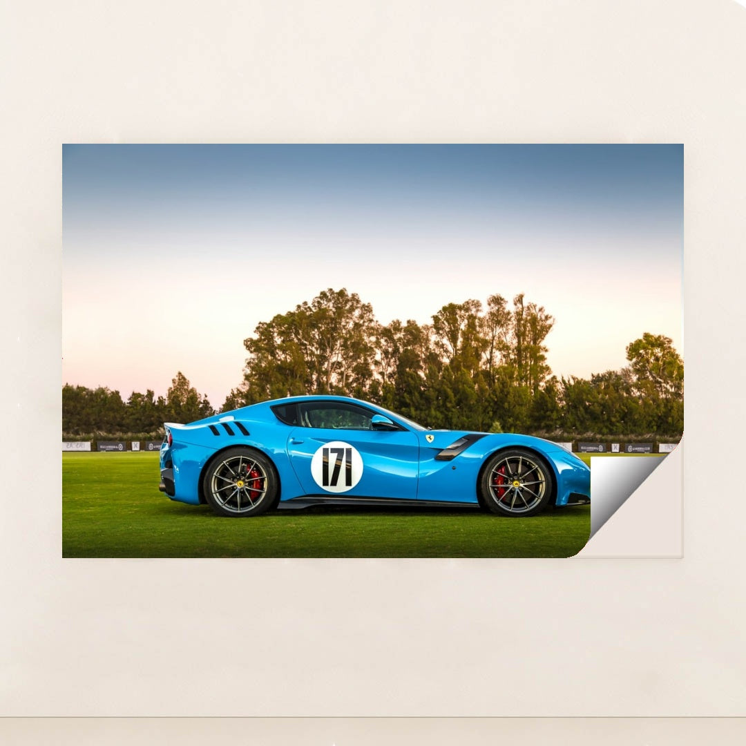 This photo shows a blue Ferrari sports car with racing stripes and the number 171 parked on grass at sunset, minimalist unframed style.