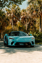 A striking blue McLaren sports car parked among lush palm trees, showcasing luxury in a tropical setting.