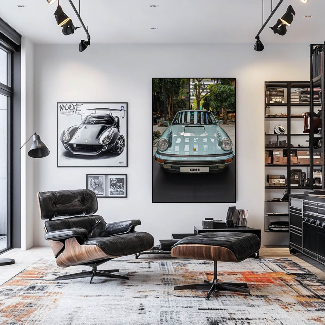 Porsche 911 Resting on a Quiet Street car wall art displayed in a stylish modern living room with elegant decor.
