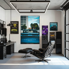 Porsche 911 Turbo Convertible in the City wall art, showcasing a blue convertible in a modern office setup.