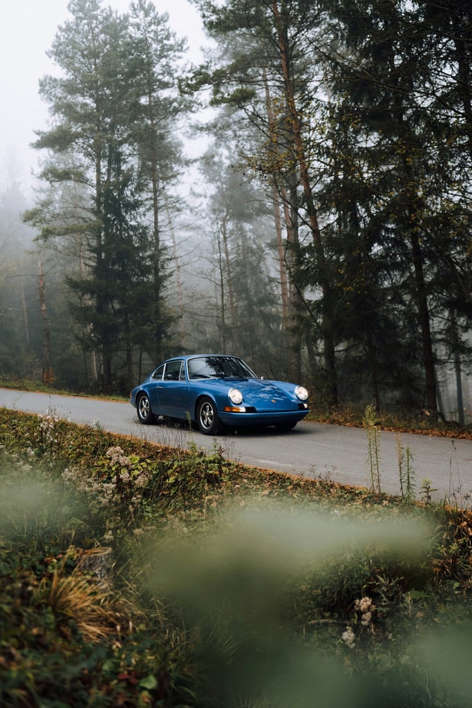 Vintage Porsche 911 Through the Pines driving on a misty road surrounded by pine trees, showcasing a calm morning scene.