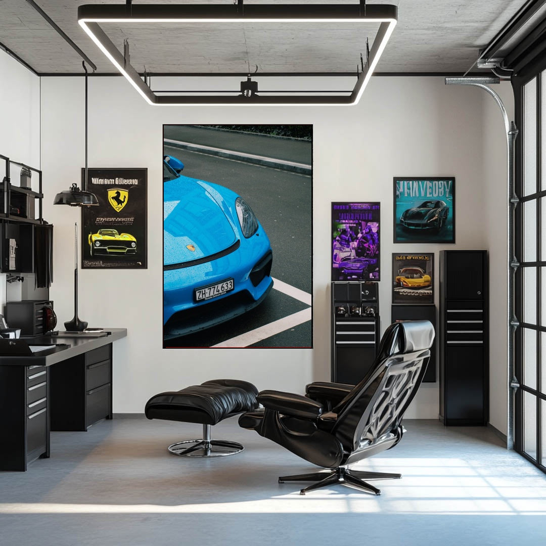 Blue Porsche 911 Resting After Rain in stylish office with car wall art and modern decor.