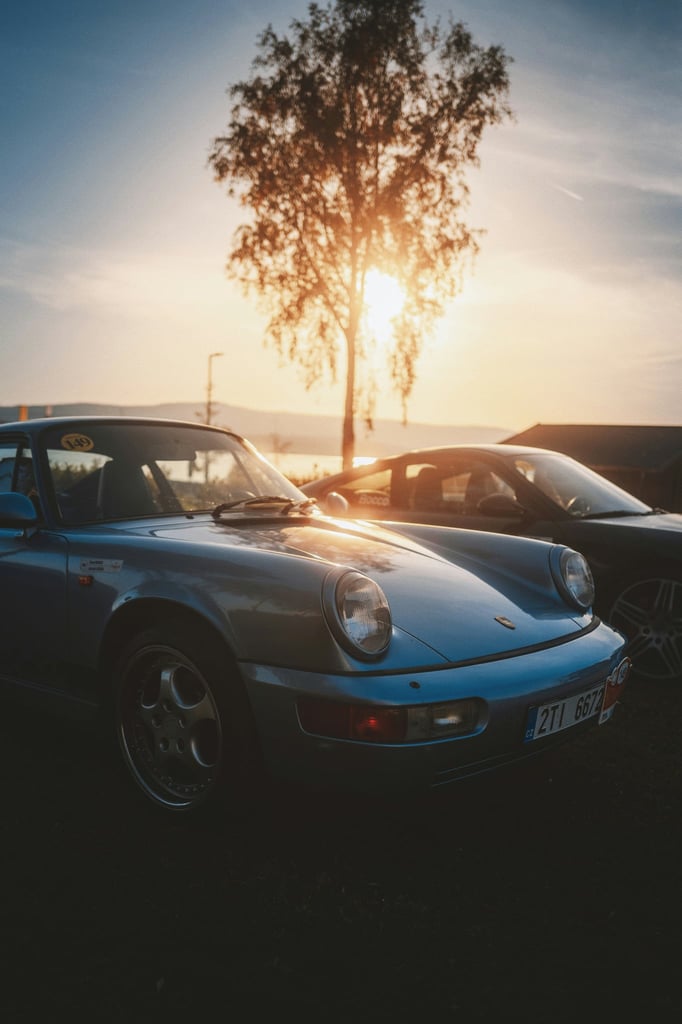 Porsche 911 in Perfect Company, showcasing elegance and performance with stunning cars at sunset, ideal car wall art.