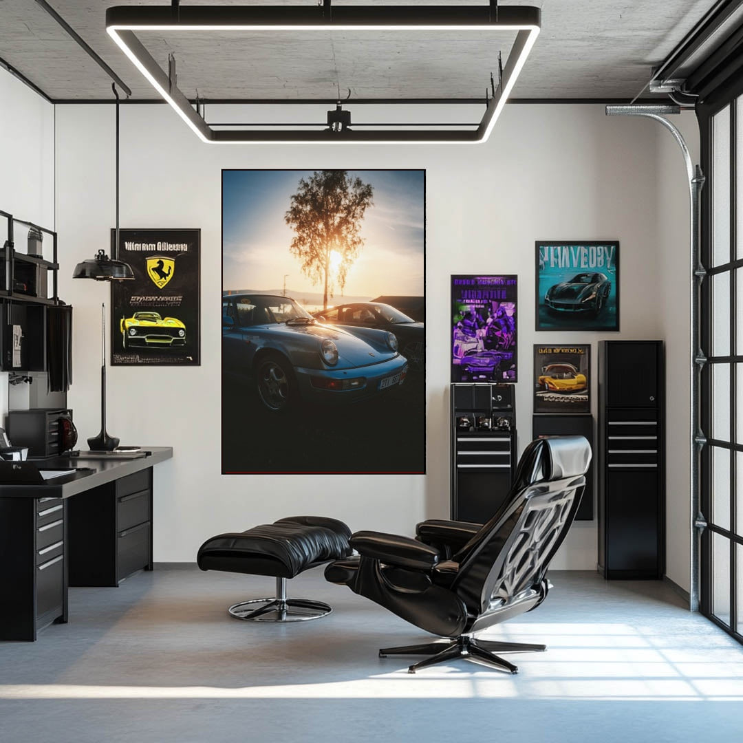 Porsche 911 in Perfect Company wall art displayed in a modern office with sleek furniture.