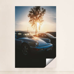 This photo shows a vintage light blue Porsche 911 parked at sunset with a tree and mountains in the background, minimalist unframed style.