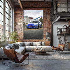 Blue Subaru WRX STI in Industrial Setting displayed as car wall art in a modern living space.