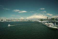 Anthony Brown - Scenic view of a vibrant marina with boats and city skyline under a clear sky.