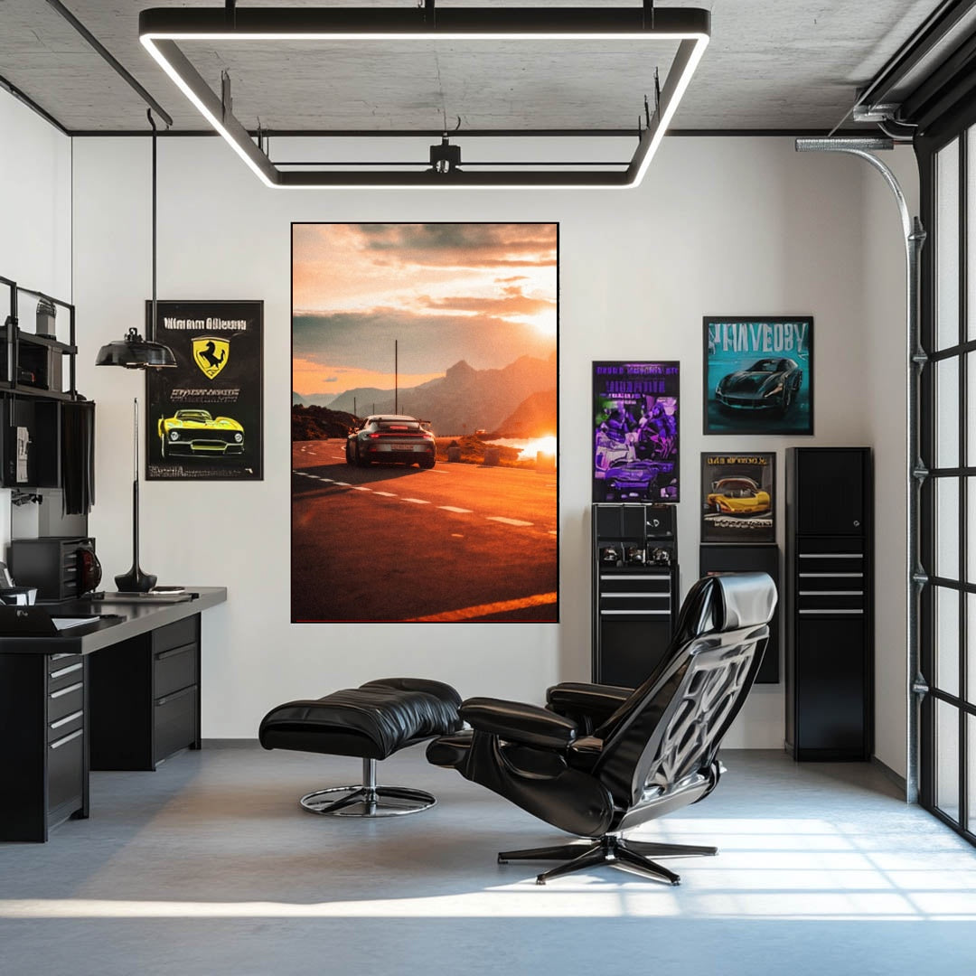 Porsche 911 GT3 Sunset Drive car wall art in modern office with dramatic sunset backdrop.