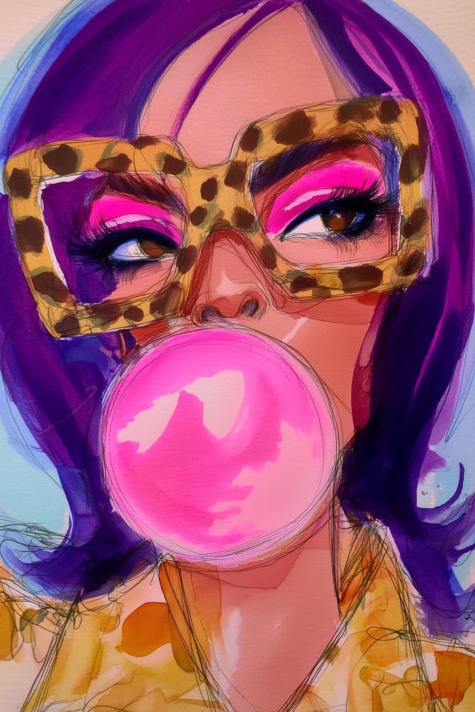 This artwork shows a stylized woman with purple hair, bold pink eyeshadow, leopard-print glasses, and a large pink bubblegum bubble, unframed.