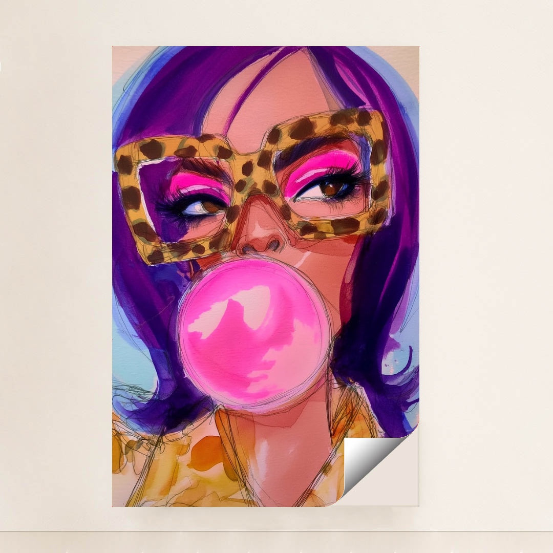 This artwork shows a stylized woman with purple hair, bold pink eyeshadow, leopard-print glasses, and a large pink bubblegum bubble, minimalist unframed style.