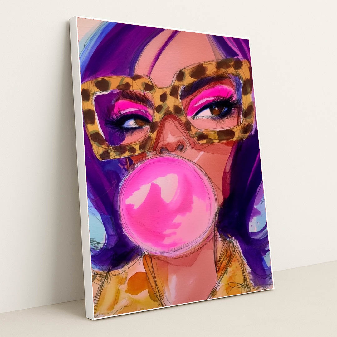 This artwork shows a stylized woman with purple hair, bold pink eyeshadow, leopard-print glasses, and a large pink bubblegum bubble, in a white frame.