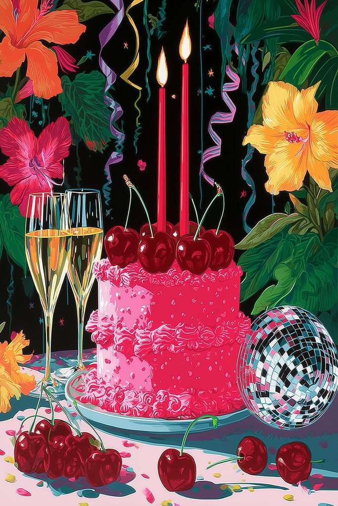 This artwork shows a festive pink cake with cherries, two lit candles, champagne glasses, a disco ball, and colorful hibiscus flowers, unframed.