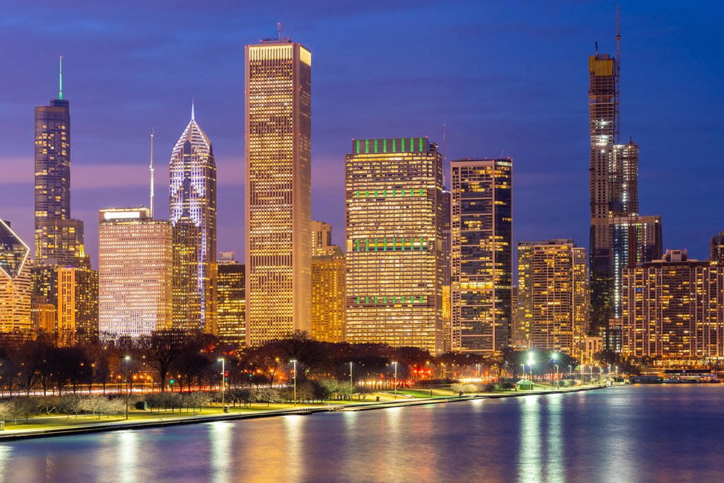 Stock Photos - Panorama of Chicago downtown Cityscape skylines and skyscrapers office building with Lake Michigan sunset in Chicago city Illinois USA. No. 2