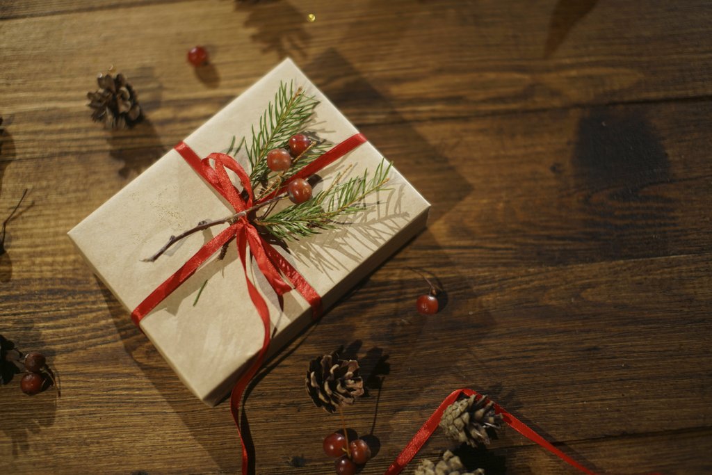 TREEDEO.ST - A beautifully wrapped gift box with pine decorations and red ribbon on a wooden floor, perfect for winter holidays.