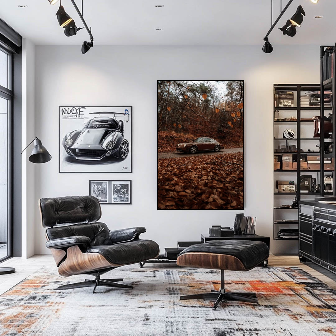 Vintage Porsche Among Fall Leaves in a stylish living room with contemporary decor and car art.