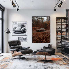 Vintage Porsche Among Fall Leaves in a stylish living room with contemporary decor and car art.