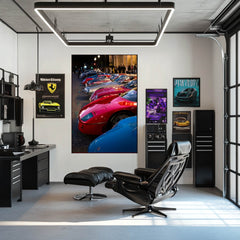 Ferrari F40 and Classic Sports Cars car wall art featuring a lineup of colorful classic sports cars in a modern garage.