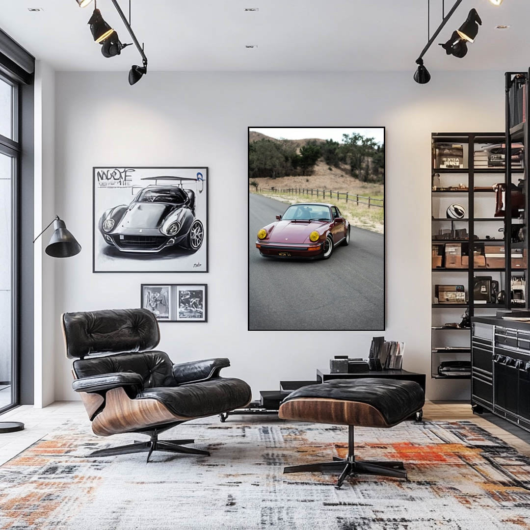 Classic Porsche 911 in California Light displayed as car wall art in a modern living room setting.