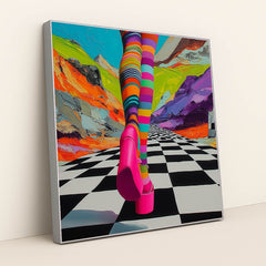 This artwork shows legs in colorful striped tights and hot pink platform shoes on a checkered path with a surreal, painted mountain background, in a silver frame.