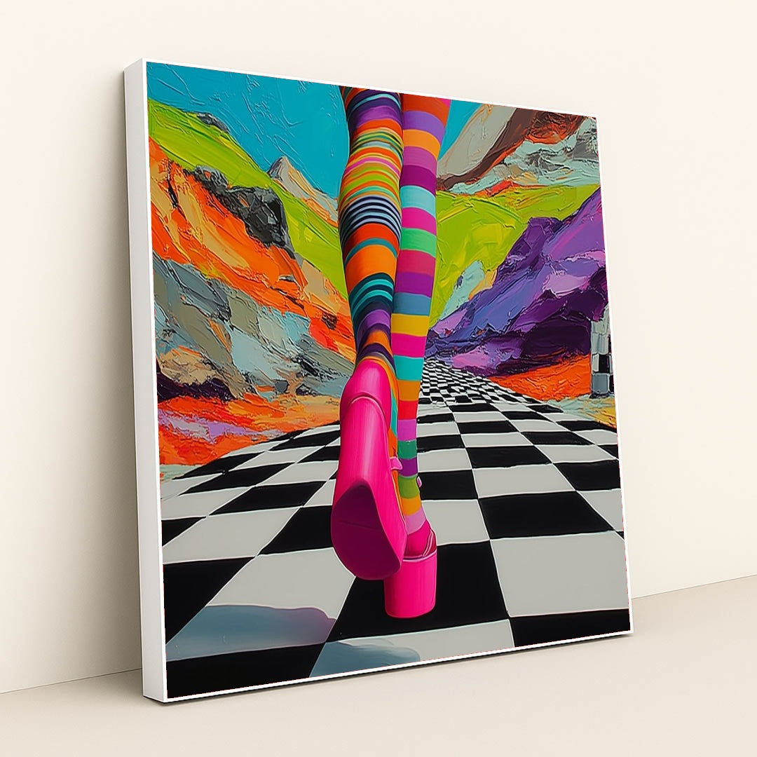 This artwork shows legs in colorful striped tights and hot pink platform shoes on a checkered path with a surreal, painted mountain background, in a white frame.