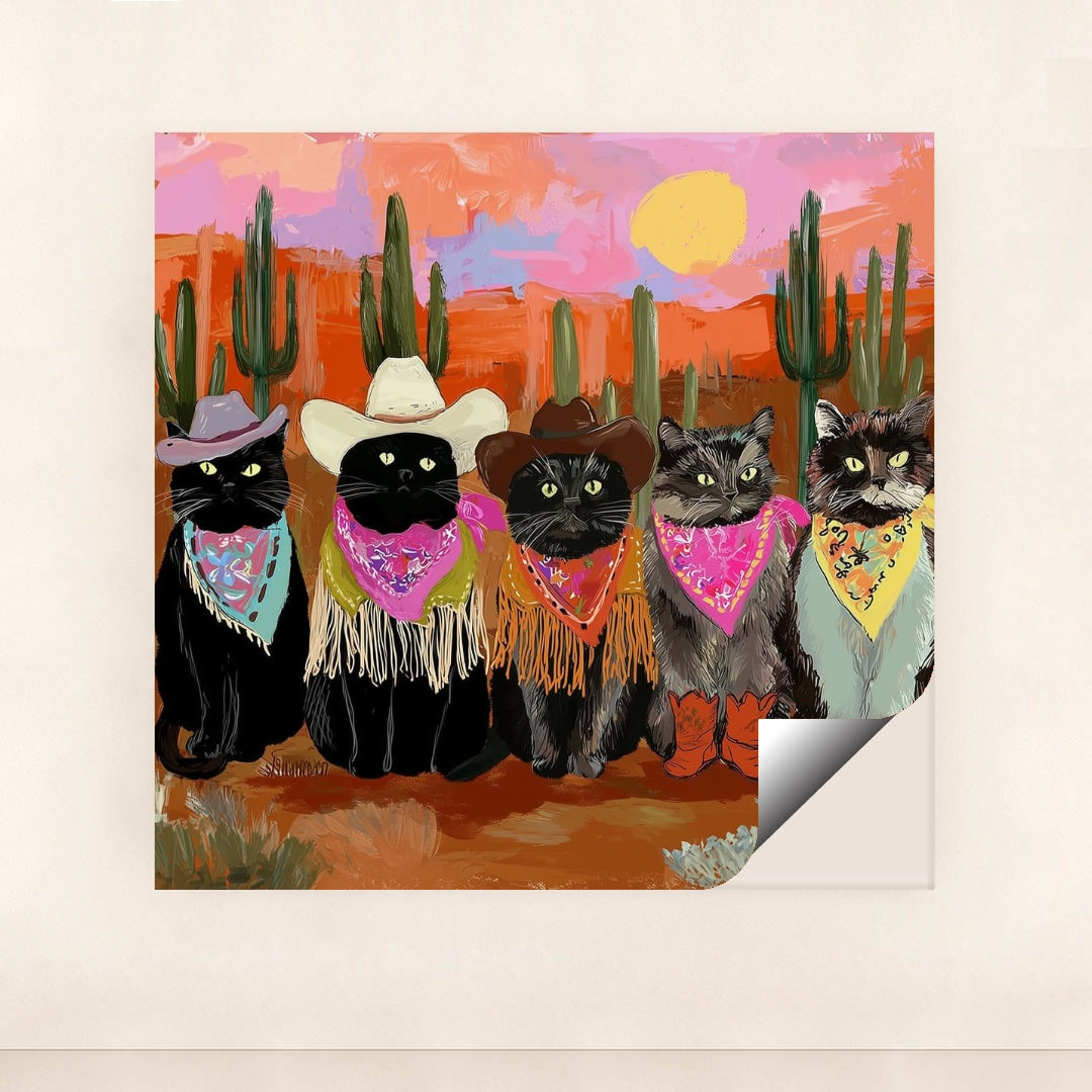 This artwork shows five cats in cowboy hats, bandanas, and boots posing in a colorful desert sunset scene with cacti, minimalist unframed style.