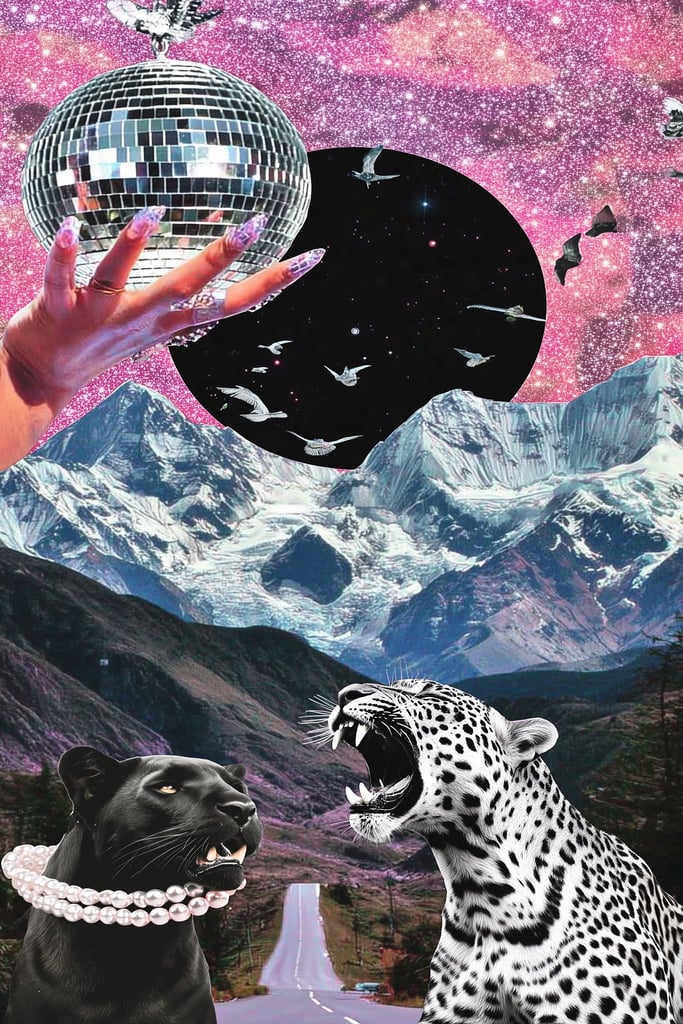This artwork shows a surreal collage of a jeweled hand holding a disco ball, starry sky, soaring birds, snowy mountains, and two leopards, unframed.