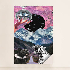 This artwork shows a surreal collage of a jeweled hand holding a disco ball, starry sky, soaring birds, snowy mountains, and two leopards, minimalist unframed style.