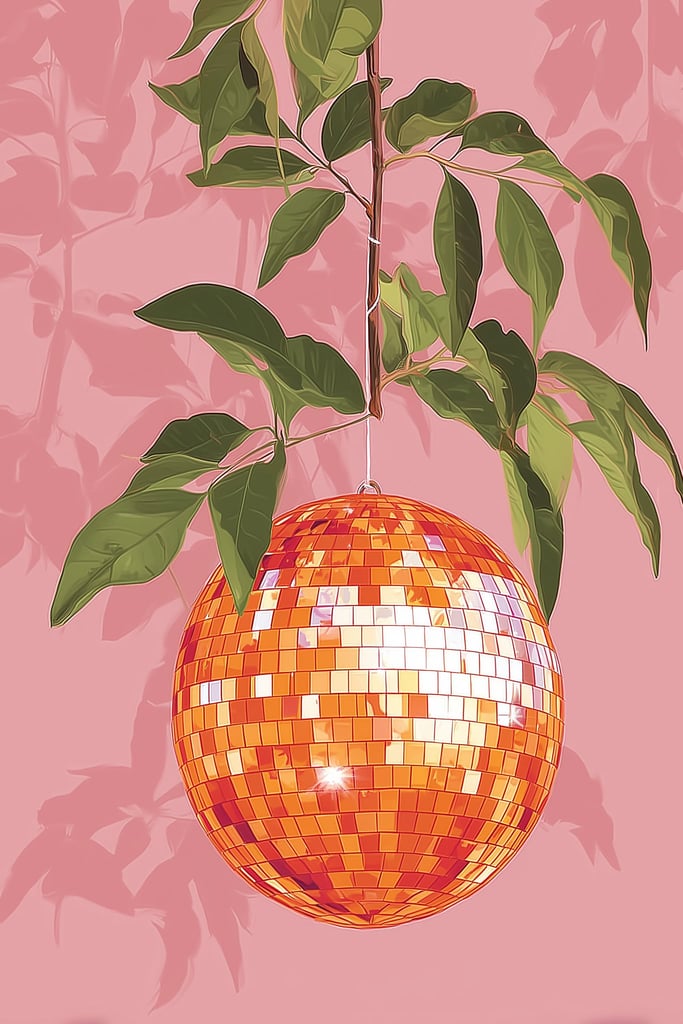 This artwork shows an orange disco ball hanging from a leafy branch against a pink background, unframed.