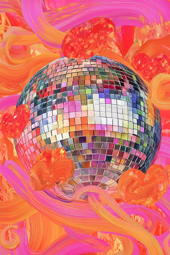 This artwork shows a vibrant disco ball with colorful tiles, orange and pink swirling brushstrokes, and abstract hearts.