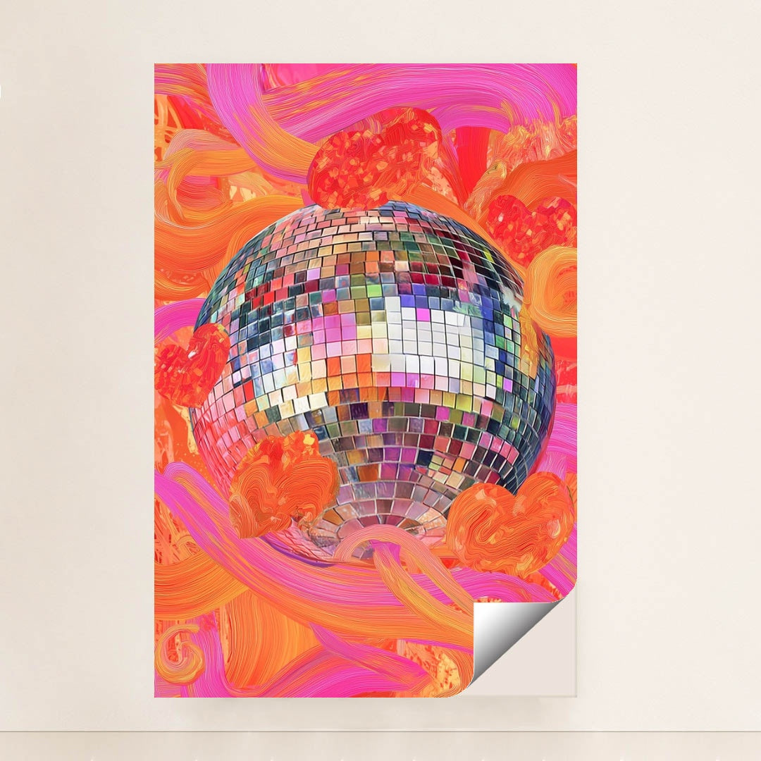 This artwork shows a vibrant disco ball with colorful tiles, orange and pink swirling brushstrokes, and abstract hearts, unframed.