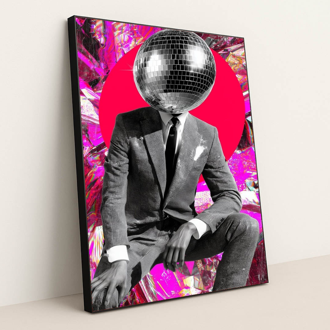This artwork shows a person in a textured suit with a disco ball for a head, set against a hot pink circle and reflective foil backdrop, in a black frame.