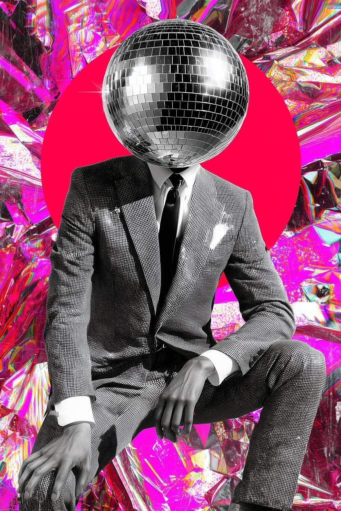 This artwork shows a person in a textured suit with a disco ball for a head, set against a hot pink circle and reflective foil backdrop, unframed.