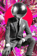 This artwork shows a person in a textured suit with a disco ball for a head, set against a hot pink circle and reflective foil backdrop, unframed.