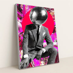 This artwork shows a person in a textured suit with a disco ball for a head, set against a hot pink circle and reflective foil backdrop, in a silver frame.