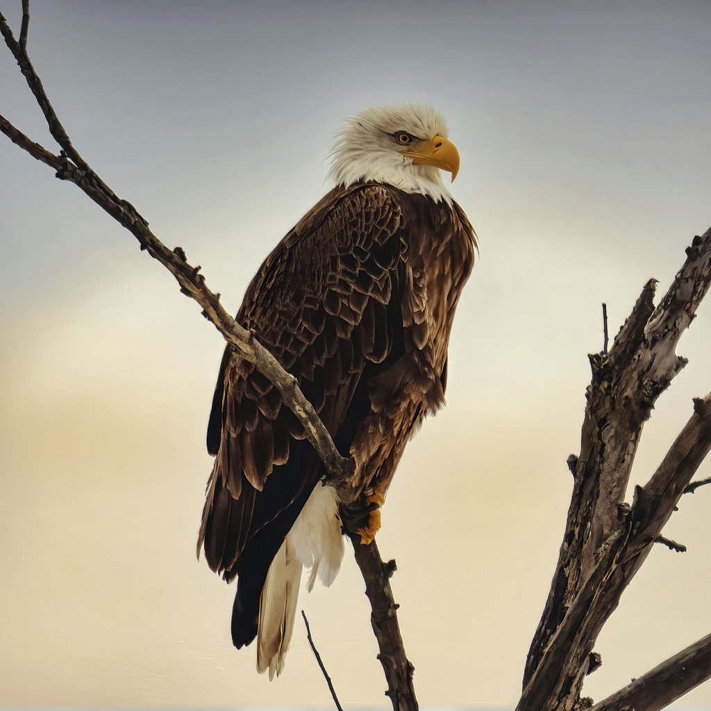 Tom Fisk - Stunning portrait of a bald eagle perched on a branch in sunset light.