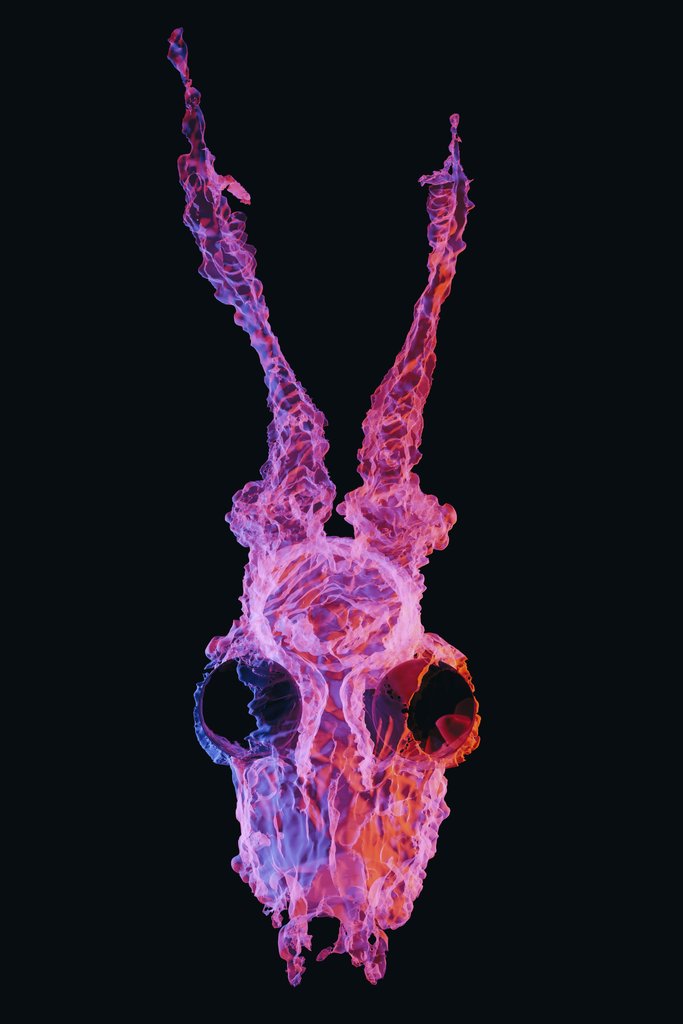 Marek Piwnicki - Abstract art of a neon-colored animal skull with antlers on a black background.