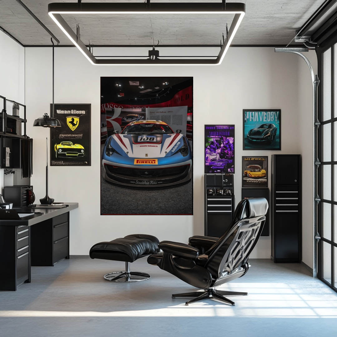 Ferrari 458 Challenge Head-on Display in a stylish office, showcasing aggressive racing livery and car wall art.