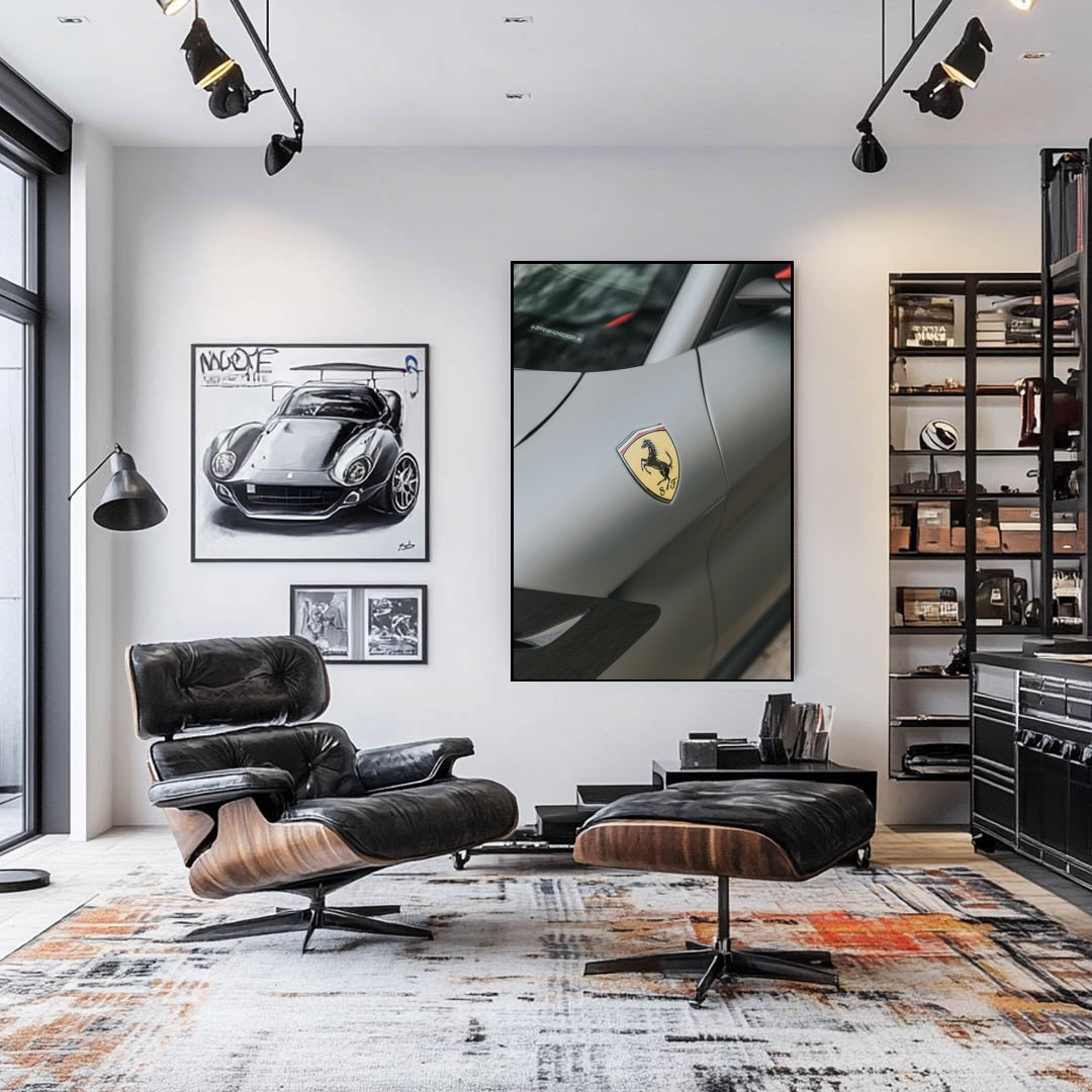 The Ferrari Crest in Matte Silver decorates a stylish office with car wall art showcasing sleek design and elegance.