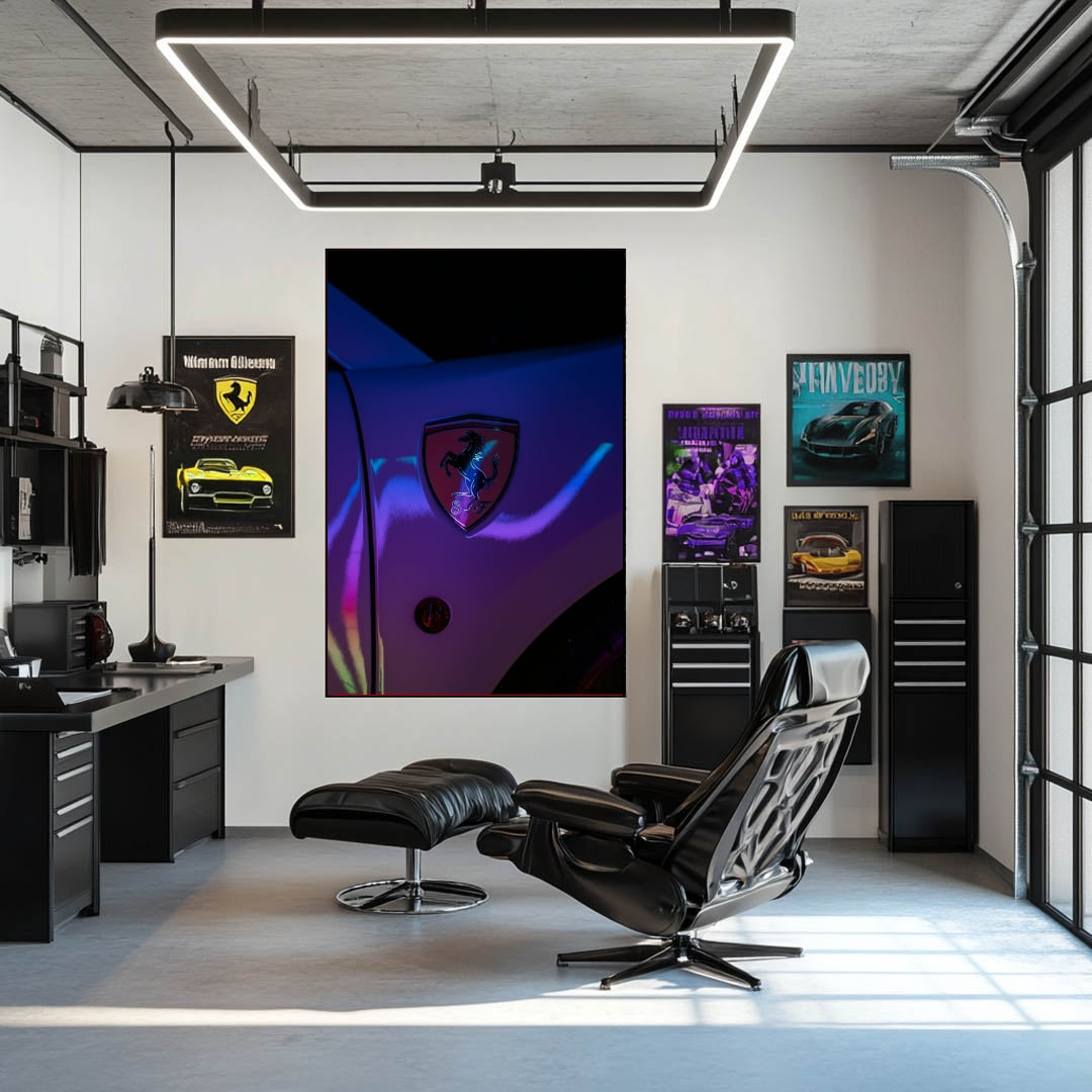 Ferrari Emblem Under Neon Lights illuminating a stylish car wall art in a modern office setting.
