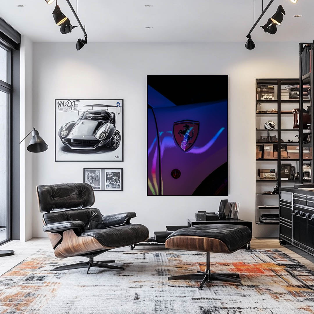 Ferrari Emblem Under Neon Lights displayed as car wall art in a modern living room setting.