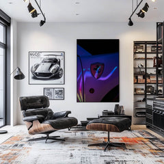Ferrari Emblem Under Neon Lights displayed as car wall art in a modern living room setting.