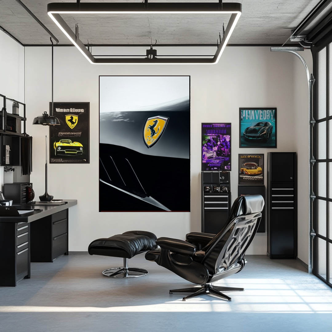 Ferrari Badge in Bold Contrast displayed as car wall art in a modern office setting with sleek decor.