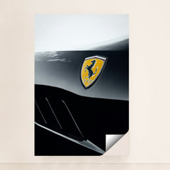This photo shows a close-up of a Ferrari badge on a two-tone black and silver body panel, minimalist unframed style.