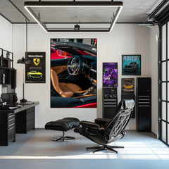 Ferrari Interior Detail showcasing luxurious tan leather and sleek carbon fiber in a stylish office setting with car wall art.
