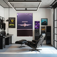 Ferrari's Carrozz Touring Badge featured in modern office decor, showcasing automotive wall art and sleek design elements.