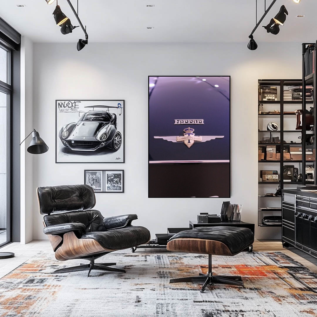 Ferrari's Carrozz Touring Badge displayed as car wall art in a modern living room with stylish furniture.