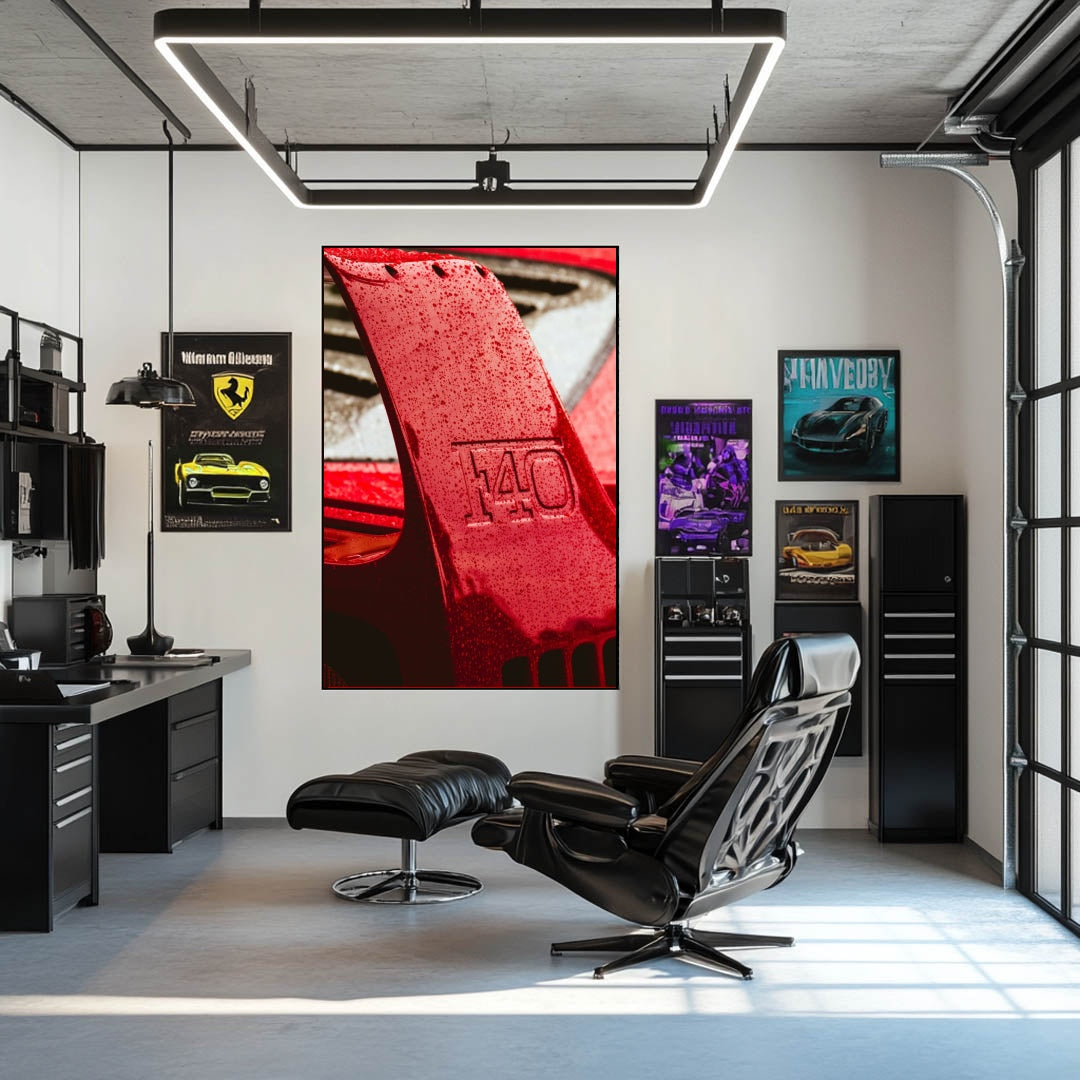 Ferrari F40 Wing showcased in a modern office setting, highlighting car wall art with embossed details and vibrant colors.