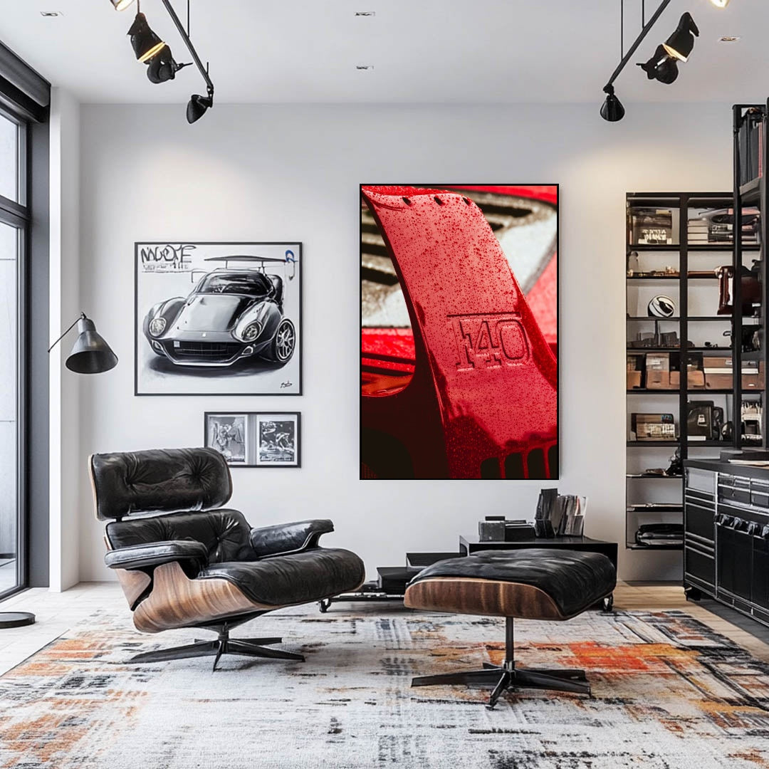 Ferrari F40 Wing displayed as car wall art in a stylish living room with modern decor.
